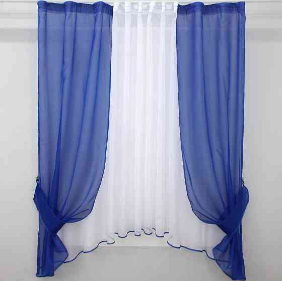 Кухонний комплект VR-Textil № 051к тюль і шторки з підв'язками синій з білим 270х170 см (50-113) Київ