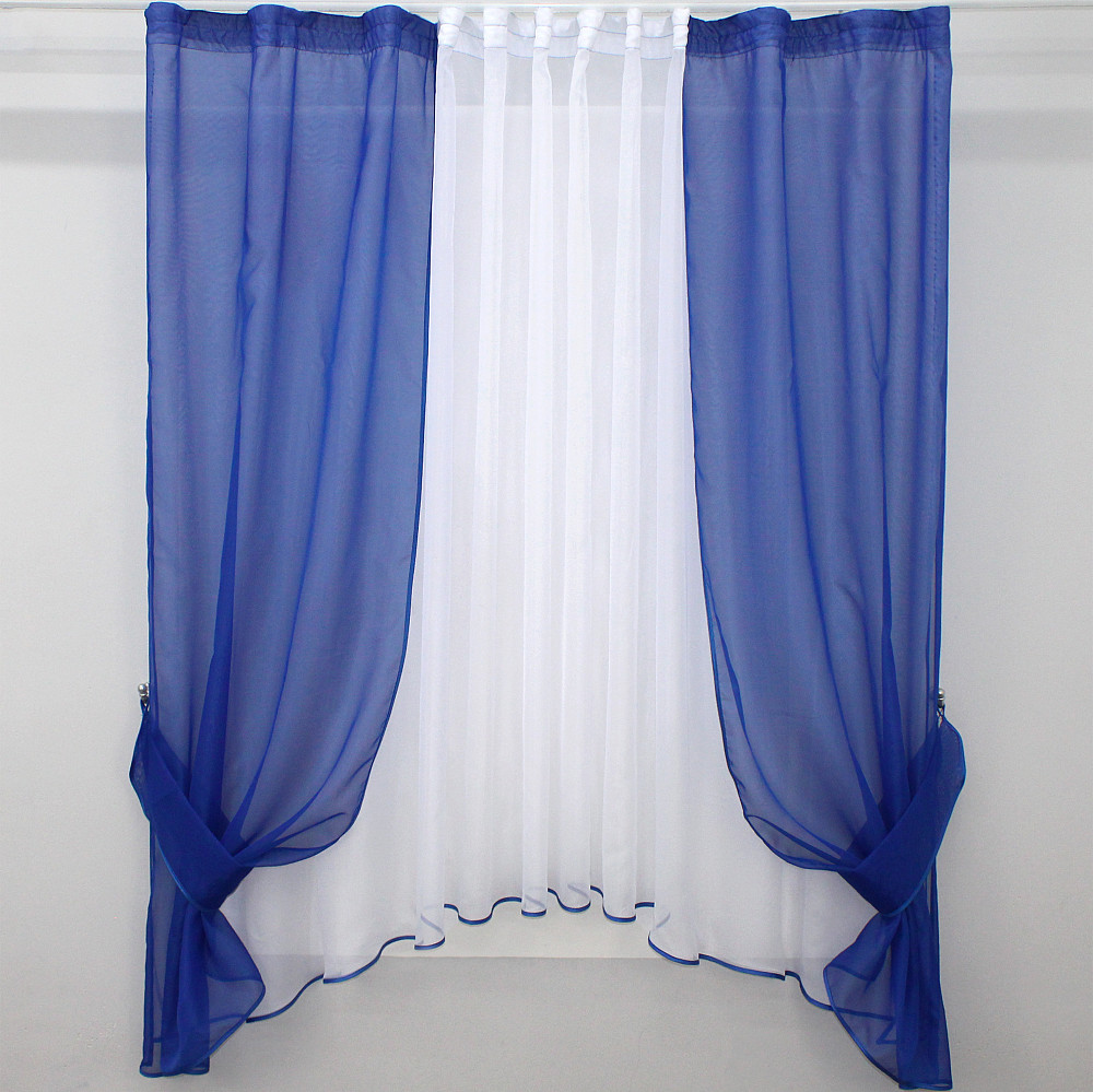 Кухонний комплект VR-Textil № 051к тюль і шторки з підв'язками синій з білим 270х170 см (50-113) Київ - фото 1