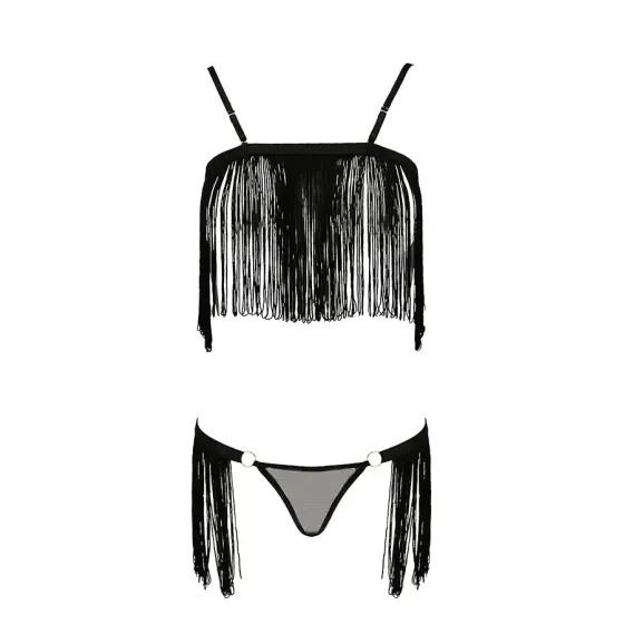 Комплект білизни Passion Exclusive KASSANDRA SET OpenBra L/XL black, ліф з бахроми, трусики-спідниця Львів