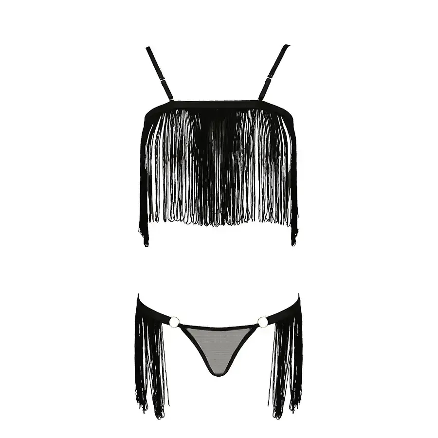 Комплект білизни Passion Exclusive KASSANDRA SET OpenBra L/XL black, ліф з бахроми, трусики-спідниця Львів - фото 5