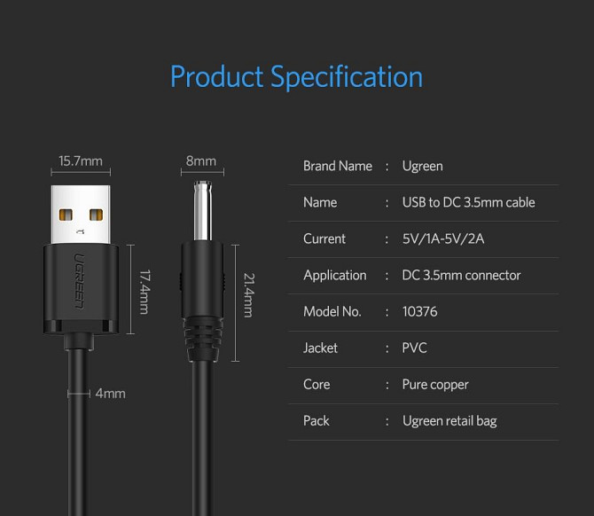 Кабель Ugreen USB 2.0 DC 3.5x1.35mm US277(10376) (Чорний, 1м) Николаев - изображение 8