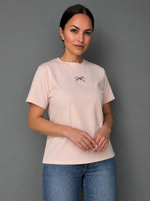 Футболка женская A-NIUSHOW 30166 с бантиком из камней оверсайз one size, розовый, one size Киев - изображение 1