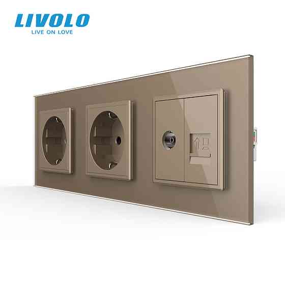 Розетка тримісна комбінована Силова Інтернет ТБ Livolo золото скло (VL-C7C2EU1C1V-13) Коломыя