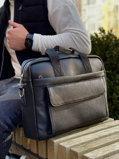 Чоловіча шкіряна сумка-портфель для ноутбука чорна Київ - фото 4