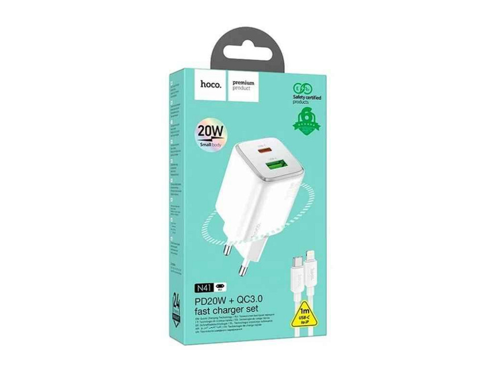 Мережевий зарядний пристрій Type-C to iPhone Lightning N41 3A/1USB/QC3.0/PD20W/GaN білий 1м ТМ HOCO Київ - фото 1
