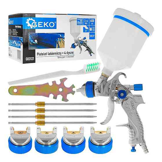 Пульверизатор "GeKo" profi HVLP з чотирма соплами (1,4; 1,7; 2,0; 2,5 мм), бачок верхній 600 мл Стрый
