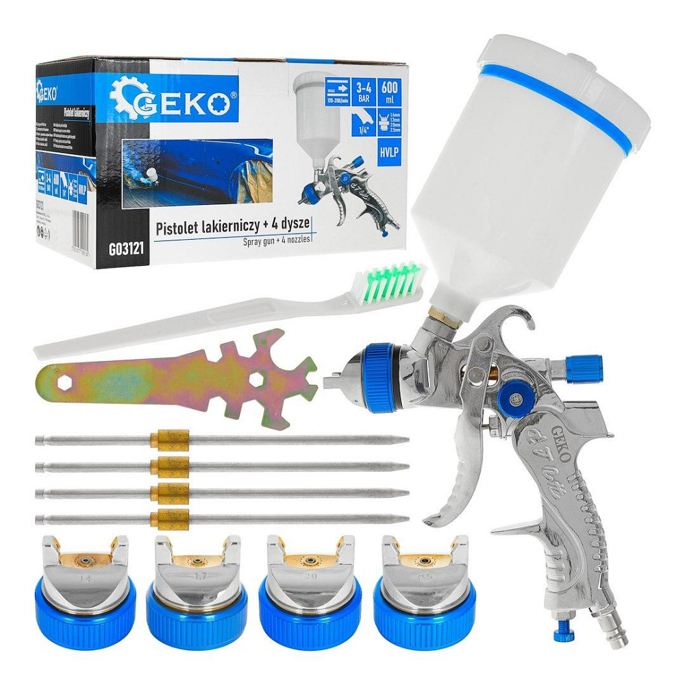 Пульверизатор "GeKo" profi HVLP з чотирма соплами (1,4; 1,7; 2,0; 2,5 мм), бачок верхній 600 мл Стрый - изображение 1