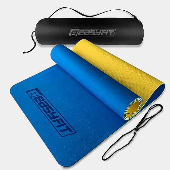 Килимок для йоги та фітнесу EasyFit TPE+TC 6 мм двошаровий + Чохол синій-жовтий Коломия