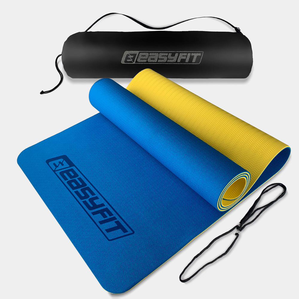 Килимок для йоги та фітнесу EasyFit TPE+TC 6 мм двошаровий + Чохол синій-жовтий Коломия - фото 1