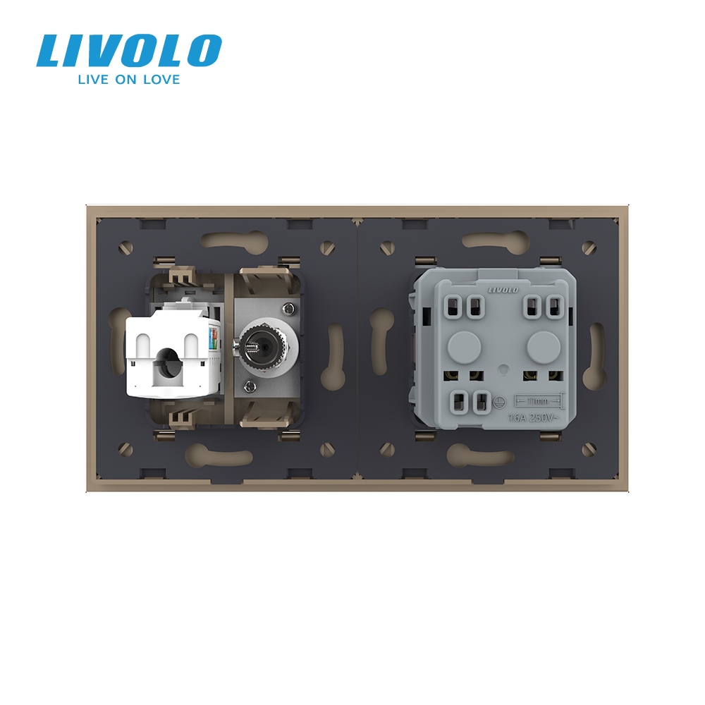 LIVOLO Розетка двомісна комбінована Силова Інтернет ТБ Livolo золото скло (VL-C7C1EU1V1C-13) Коломия - фото 4