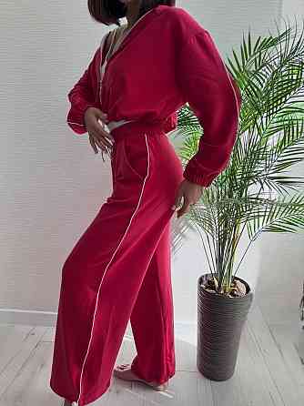 Женский прогулочный костюм тройка: кофта топ и штаны  двунить + микродайвинг Красный, 46/48 Одесса