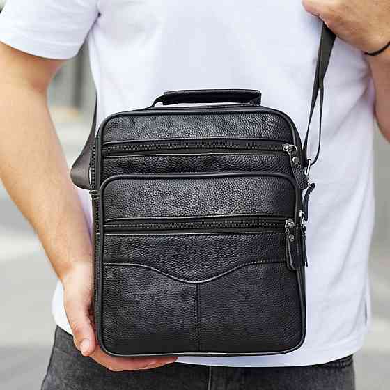 Мужская борсетка через плечо 26х20.5х8 / мессенджер наплечный из натуральной кожи, черный Киев