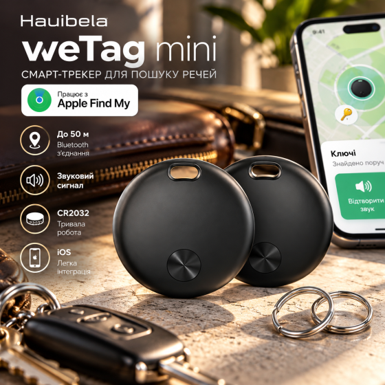 Смарт-трекер Hauibela weTag mini для пошуку речей, Apple Find My, Bluetooth до 50 м, звуковий сигнал, CR2032, iOS Київ