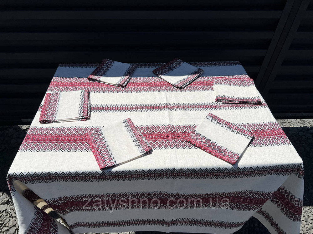 Вишита червона скатертина на льону Київ - фото 1