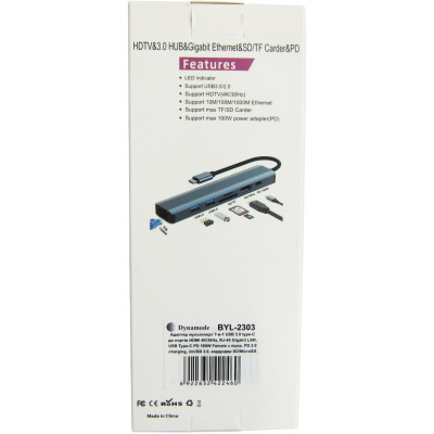 Концентратор Dynamode 7-in-1 USB-C to HDTV 4K/30Hz, 2хUSB3.0, RJ45, USB-C PD 100W, SD/MicroSD (BYL-2303) Вінниця - фото 7