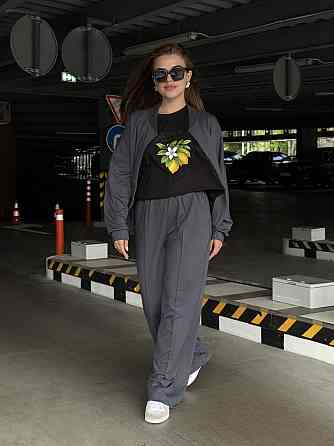 Жіночий костюм оверсайз з широкими штанами з двонитки Графітовий 54/56 Харків