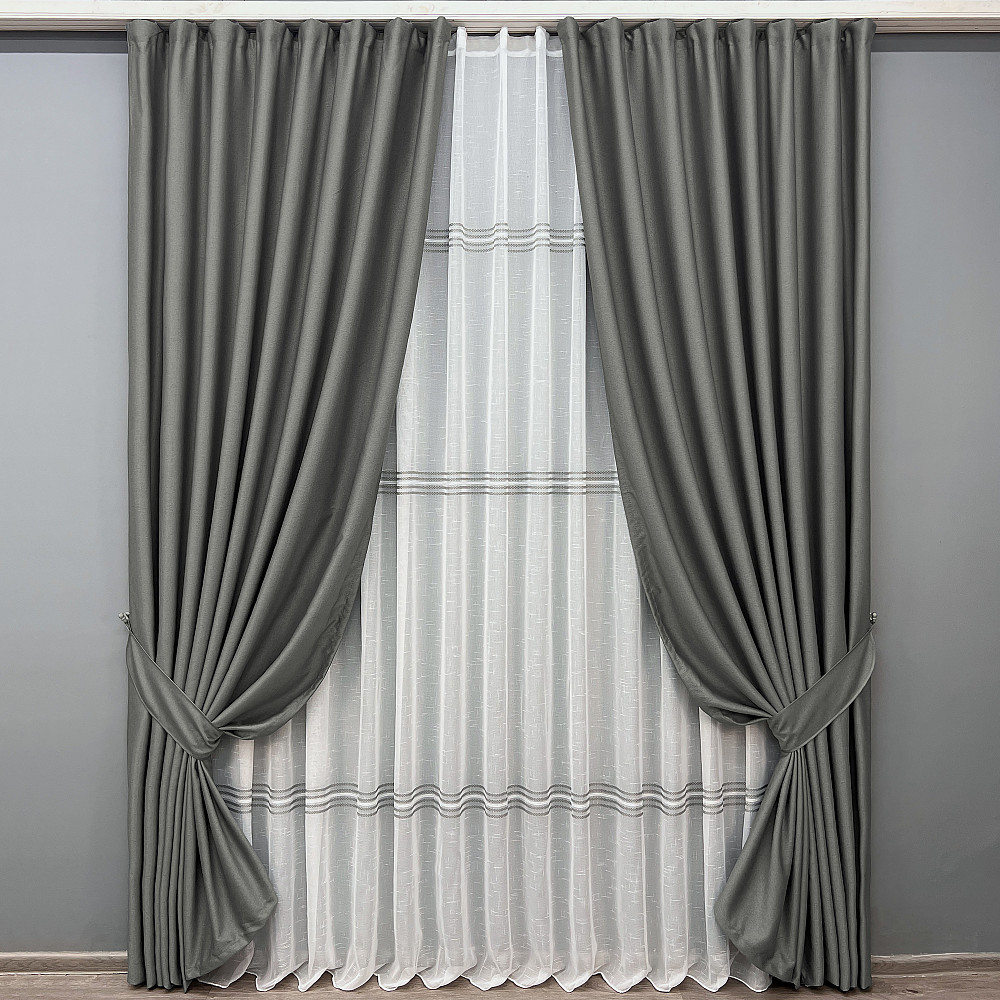 Комплект штор VR-Textil Шеніл 200х270 2шт і Тюль 600х270 1592ш-1428т Сірий з білим 71-201/7 Київ - фото 1