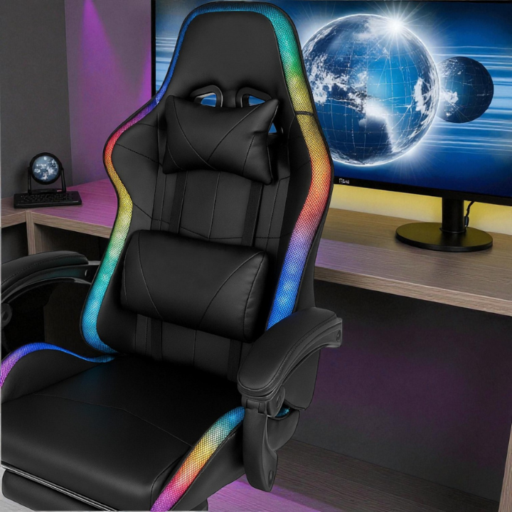 Компьютерное игровое геймерское кресло с подсветкой RGB, кресло для компьютера офисное черное прочное с подставкой для ног Львов - изображение 9