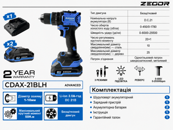 Акумуляторний ударний шуруповерт ZEGOR CDAX-21BLH (акум 2шт-21V 2.0Ah і зп) Київ