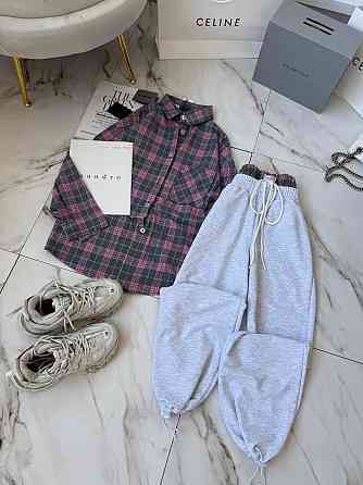 Женский повседневный костюм двойка: рубашка в клетку и штаны фланель + двунитка Серый, 48/52 Одесса