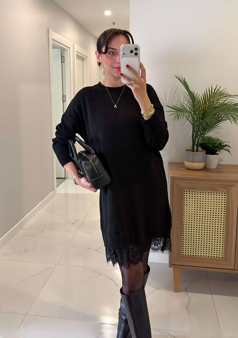 Женское платье-туника с кружевом по низу двухсторонняя ангора Черный, 48/52 Одесса - изображение 1
