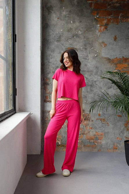 Стильный легкий костюм в рубчик Малиновый M-L Харьков - изображение 2