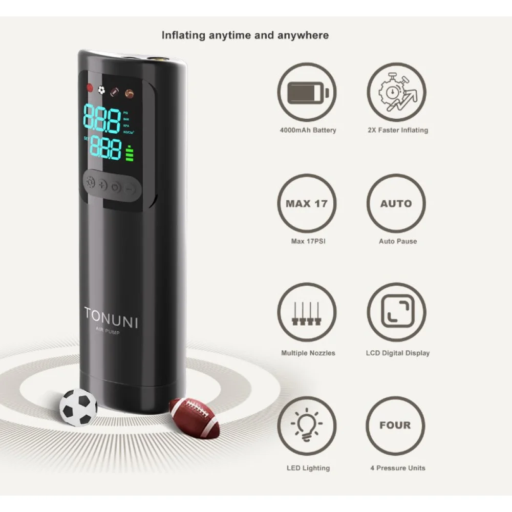 Уцінка Електричний насос для накачування м'ячів TONUNI A8 — 17 PSI, акумулятор 4000 мАг, LCD-дисплей, USB Type-C Київ - фото 3