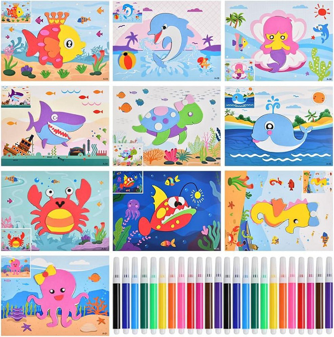 Подарунковий набір для рукоділля 3D наклейки з піни EVA, гра-головоломка з малюнком тварин + фломастери, подарунок для дітей Київ - фото 1