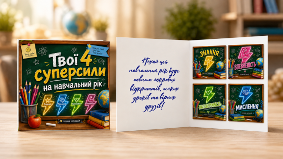 Вітальна листівка "Твої 4 суперсили!" з міні шоколадом | Подарунок для школяра Одеса