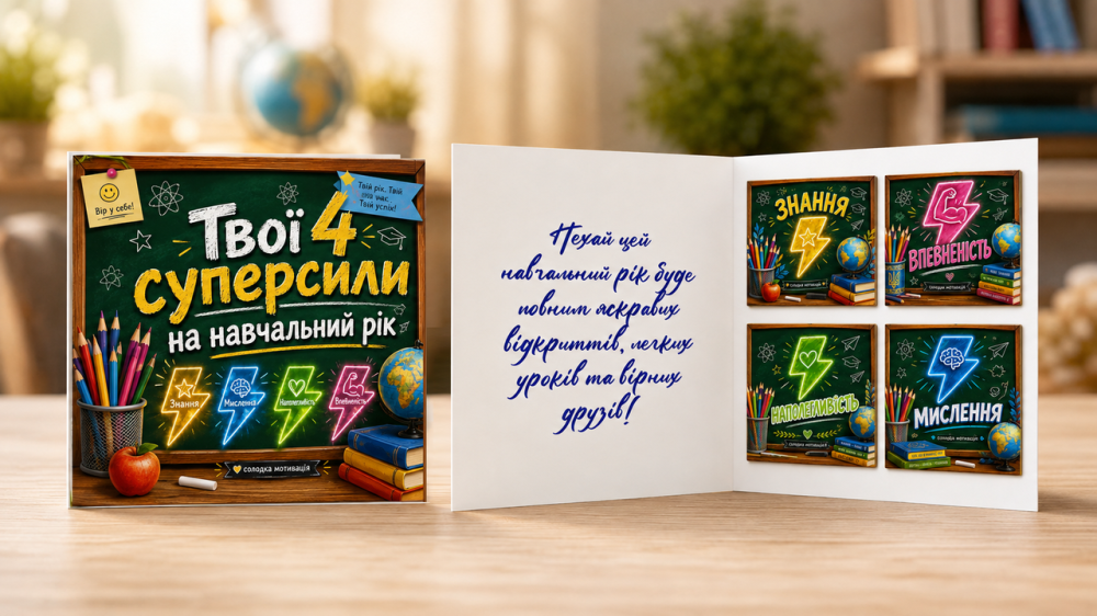 Вітальна листівка "Твої 4 суперсили!" з міні шоколадом | Подарунок для школяра Одеса - фото 1