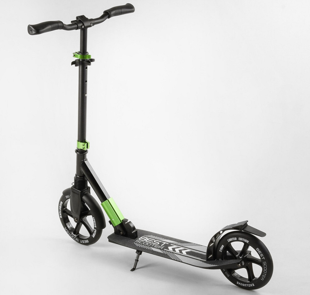 Самокат Best Scooter алюмінієвий передній амортизатор Чорний із зеленим (93427) Чернигов - изображение 4