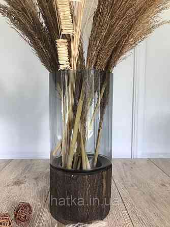 Ваза скляна з деревом Olens "Wood" 26 см 2 л прозоре чорне скло з дерев'яним дном Київ