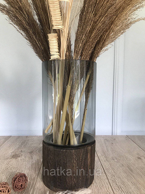 Ваза скляна з деревом Olens "Wood" 26 см 2 л прозоре чорне скло з дерев'яним дном Київ - фото 1