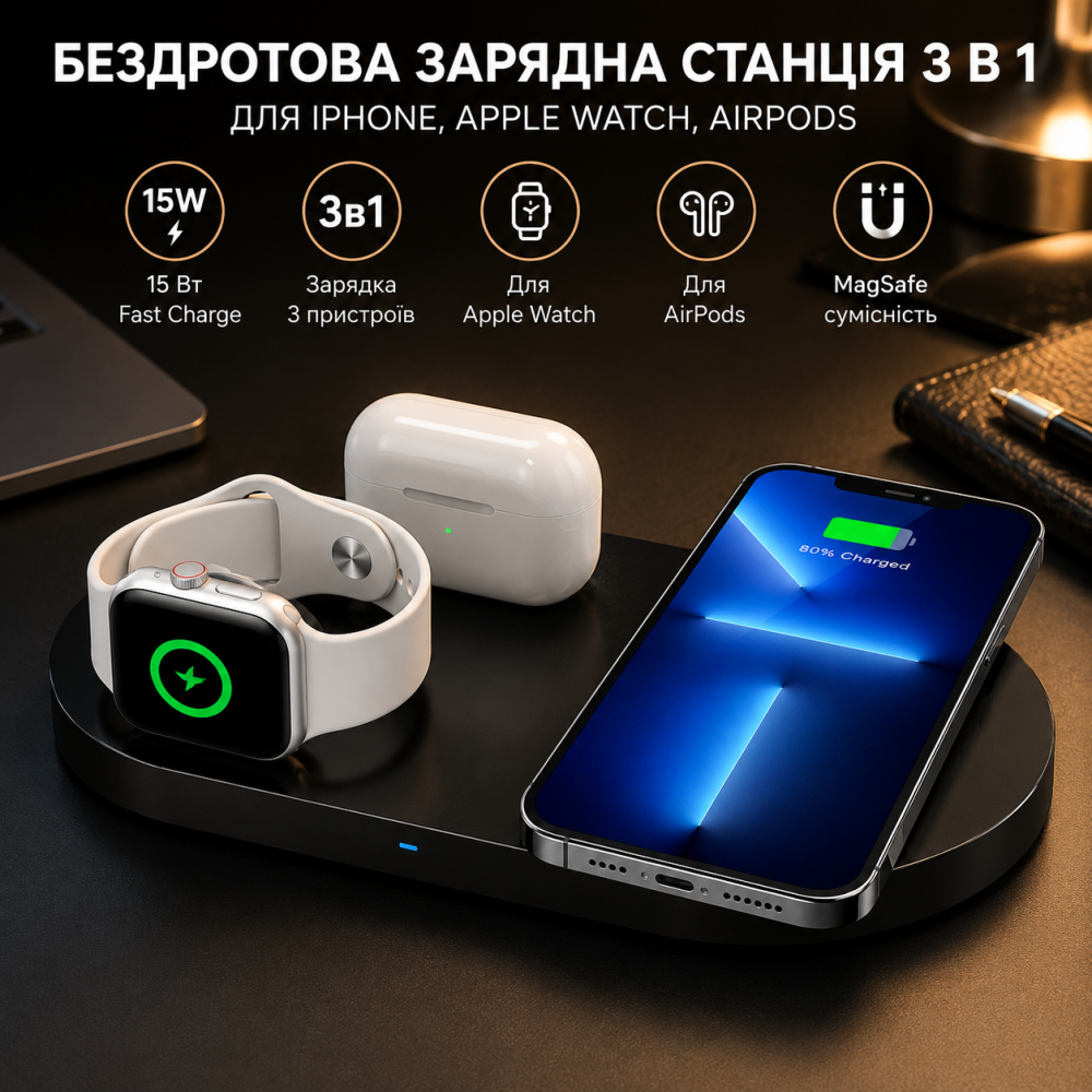 Беспроводная зарядная станция 3 в 1 ESTAVEL Black Fast Wireless Charger (15 Вт, Qi док-станция) для iPhone, Samsung, Apple Watch, Киев - изображение 8