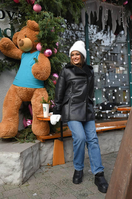 Женская стильная двубортная дубленка под пояс Черный 2, 44/46 Одесса - изображение 6