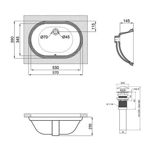 Комплект Qtap Stork: Раковина врезная овальная 570x390x210 мм White + Донный клапан PU02O Киев