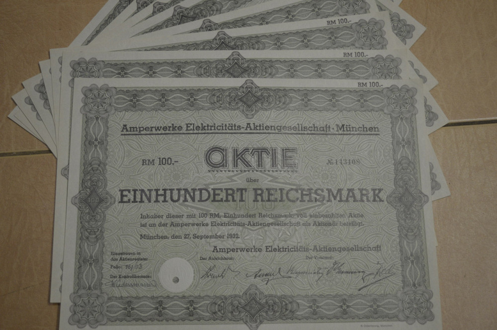 Акция. Германия. Amperwerke Elektricitats --100reichmark 1932 год aUNC-UNC (5 - 4) Полтава - изображение 1