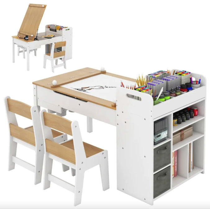 Дитячий набір Costway Fantastik 3 в 1: стіл, 2 стільці, мольберт натуральний Київ - фото 1