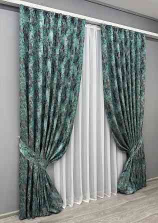 Комплект готових штор VR-Textil Льон Преміум № 1837ш Сірий з бірюзовим 200х295 см 2 шт (32-155) Київ