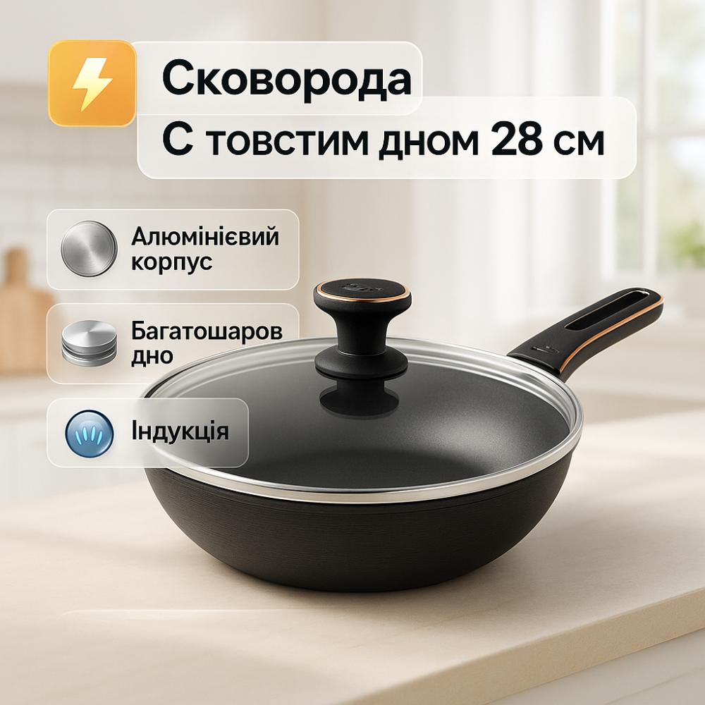 Сковорода кухонная для кухни Magio, Сковорода фирменная антипригарная с высокими бортами UR-28 Львов - изображение 16