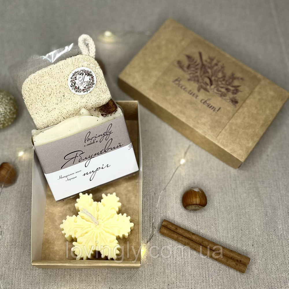 Подарок для коллег на Новый год, мыло с нуля, свеча-снежинка, люфа, праздничная коробка Ирпень - изображение 2
