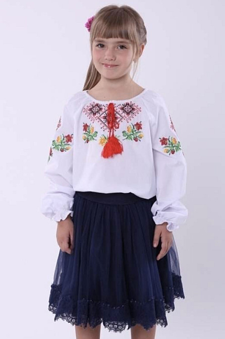 Вишиванка для дівчинки Ромби менші з довгим рукавом білого кольору та червоним орнаментом Суми - фото 1