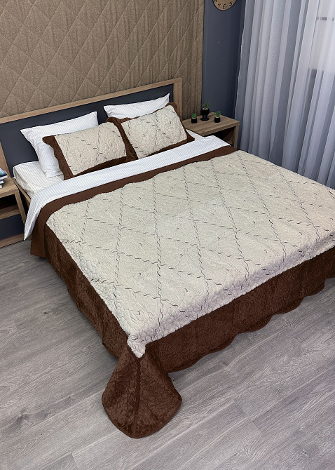 Покривало двостороннє з хутром 210x230 (+-10 см) і 2 наволочки колір коричневий з молочним (85-155) Київ - фото 4