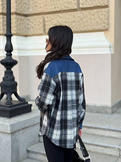 Женская стильная рубашка в клетку с джинсовыми вставками турецкая байка Черный, 46/48 Одесса - изображение 4