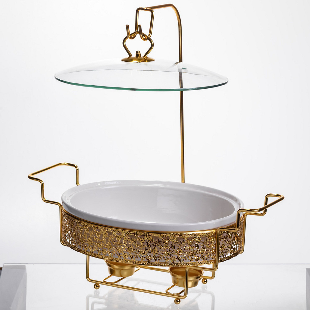 Кругла фарфоровая мармитниця 2.5 л на підставці з золотом Київ - фото 2