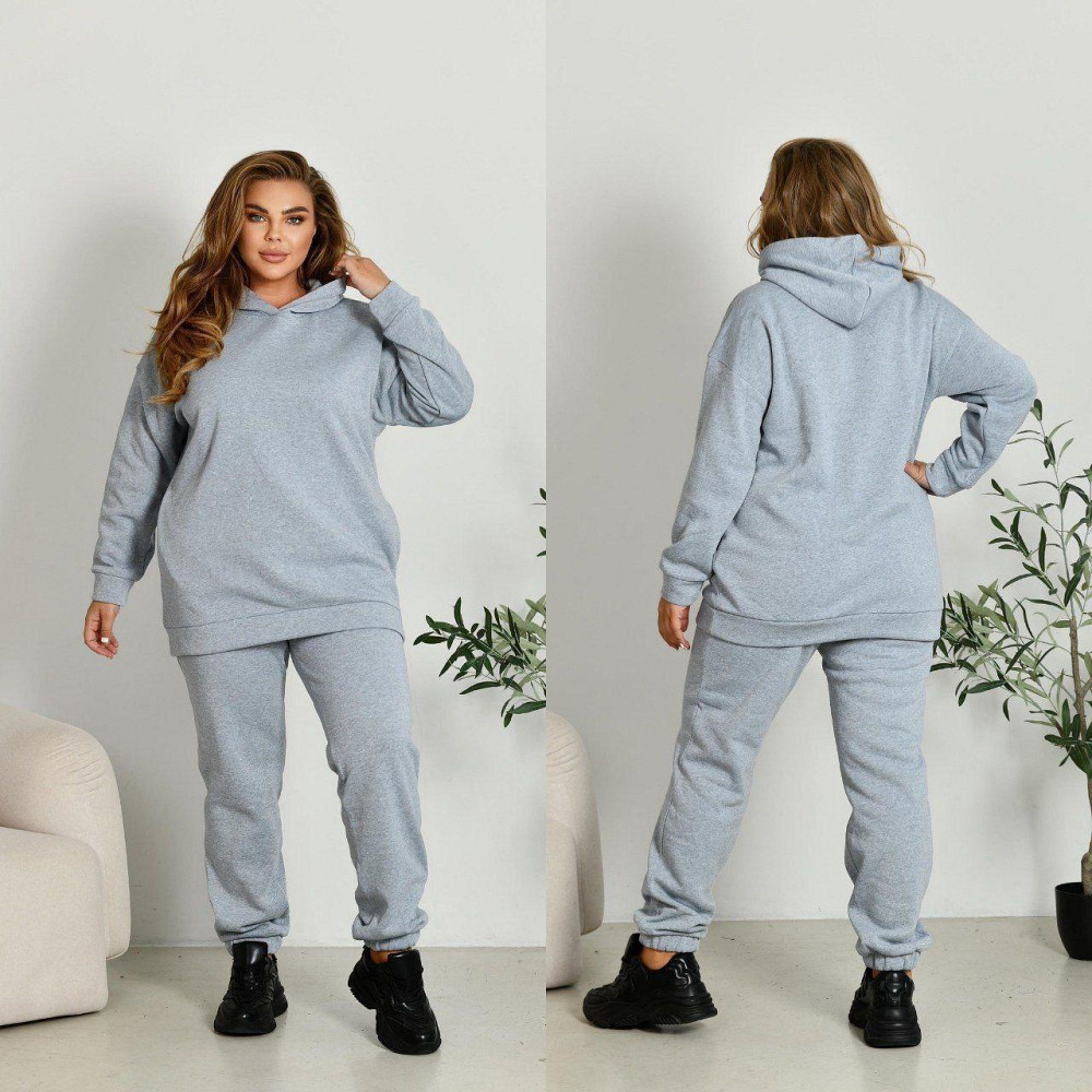 Женский прогулочный костюм: худи и штаны батал в спортивном стиле трехнитка на флисе Серый, 64/66 Одесса - изображение 1