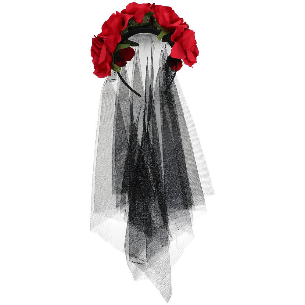 Обруч с розами и черной фатой RESTEQ. Ободок с розами и фатой. Обруч с красными розами и фата на Хэллоуин. Украшение для волос Киев - изображение 4
