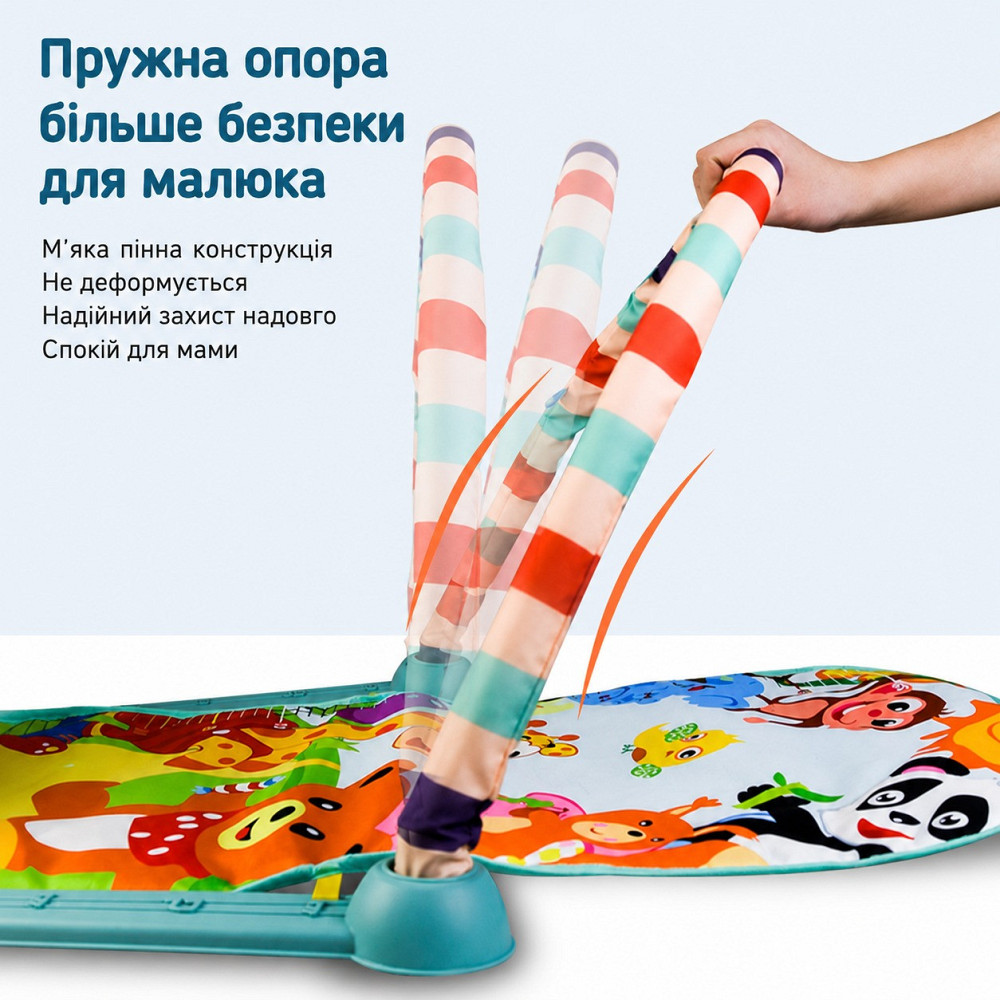 Развивающий игровой коврик детский с подвесными игрушками и музыкальным пианино с шкалой роста с принтом животных голубой Каменец-Подольский - изображение 4