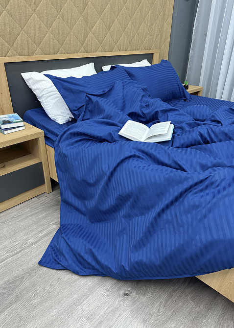 Комплект постельного белья Страйп-сатин Двуспальный 180х220 с простыней на резинке Синий (88-090) Киев - изображение 8