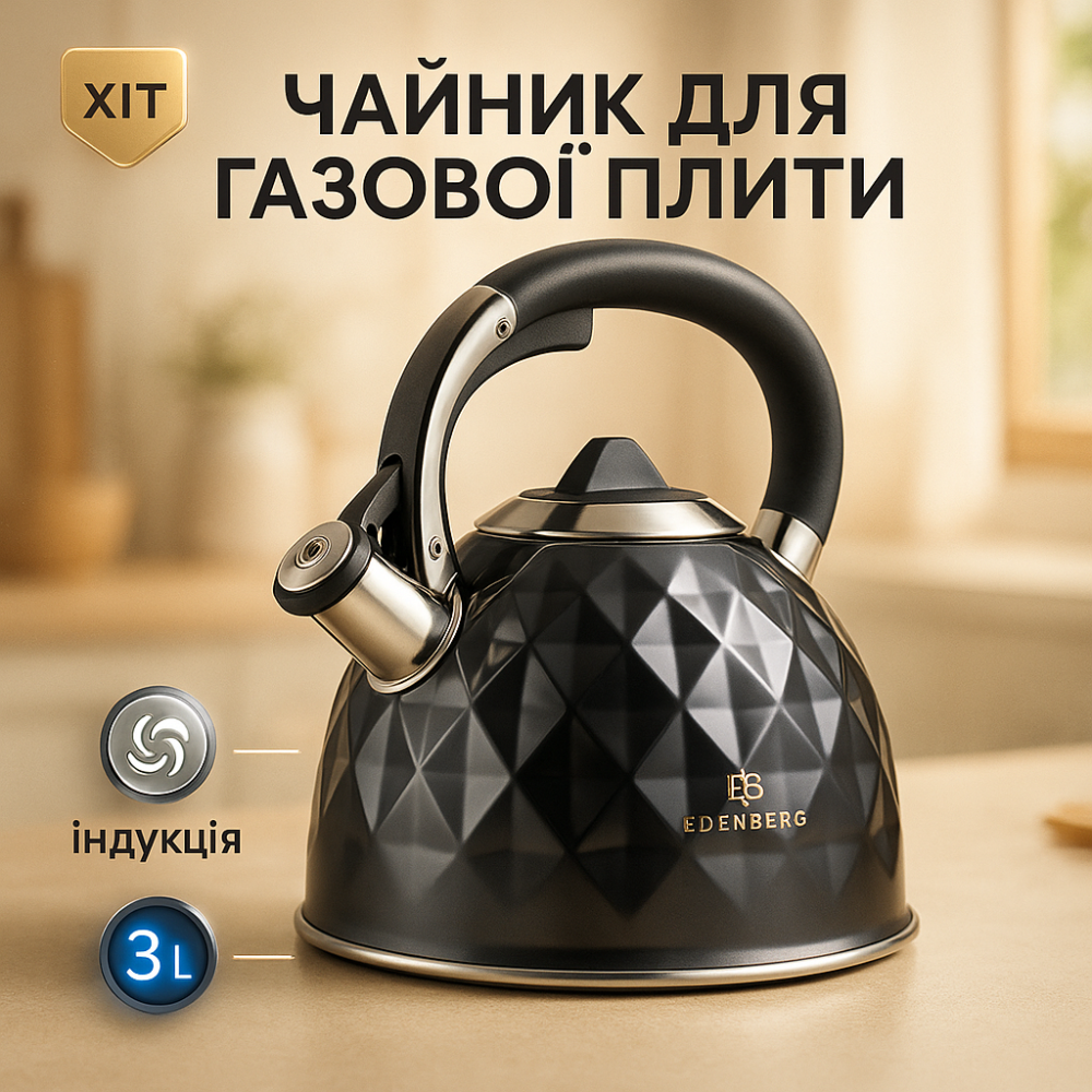 Чайник з ергономічною ручкою Edenberg EB-8833 3л, Хороший чайник зі свистком Гарний для плит UZ-50 Львів - фото 11